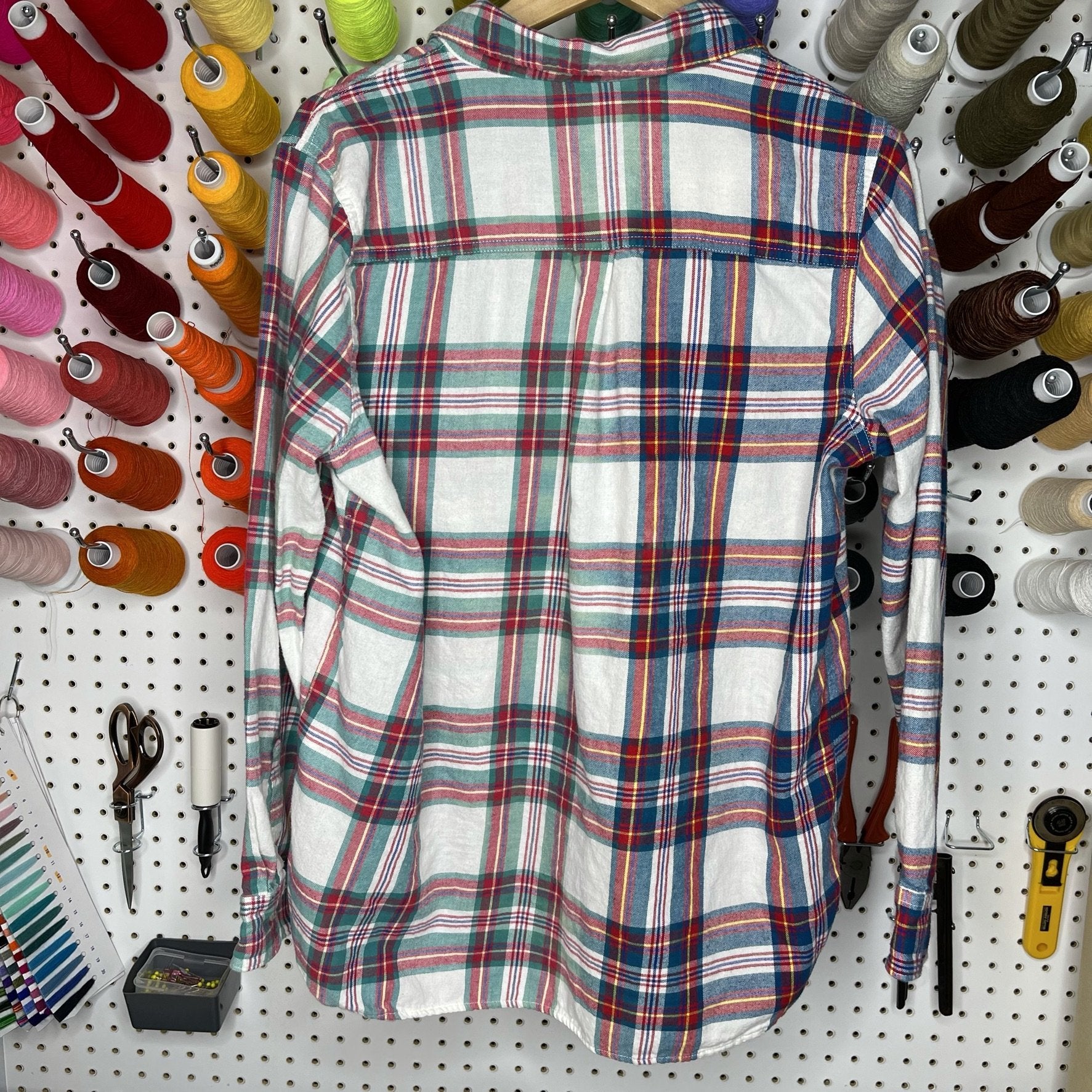 Denim Jacket - Medium - Red/Green/Yellow Two-Toned Flannel - 4 DOTS Denim Jacket - Medium - Red/Green/Yellow Two-Toned Flannel - 4 DOTS