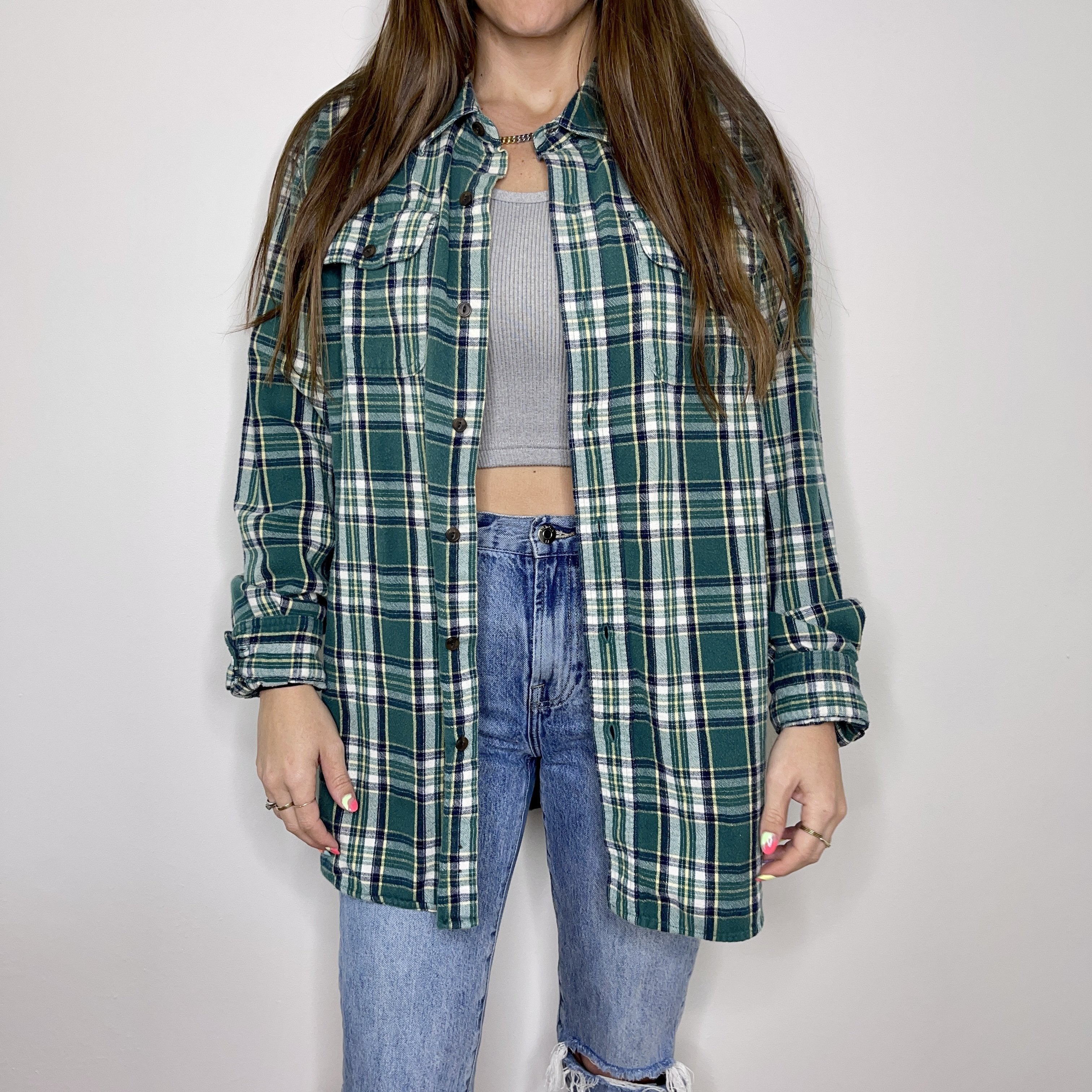 Flannel - L - Green/Yellow/Navy Flannel - 4 DOTS