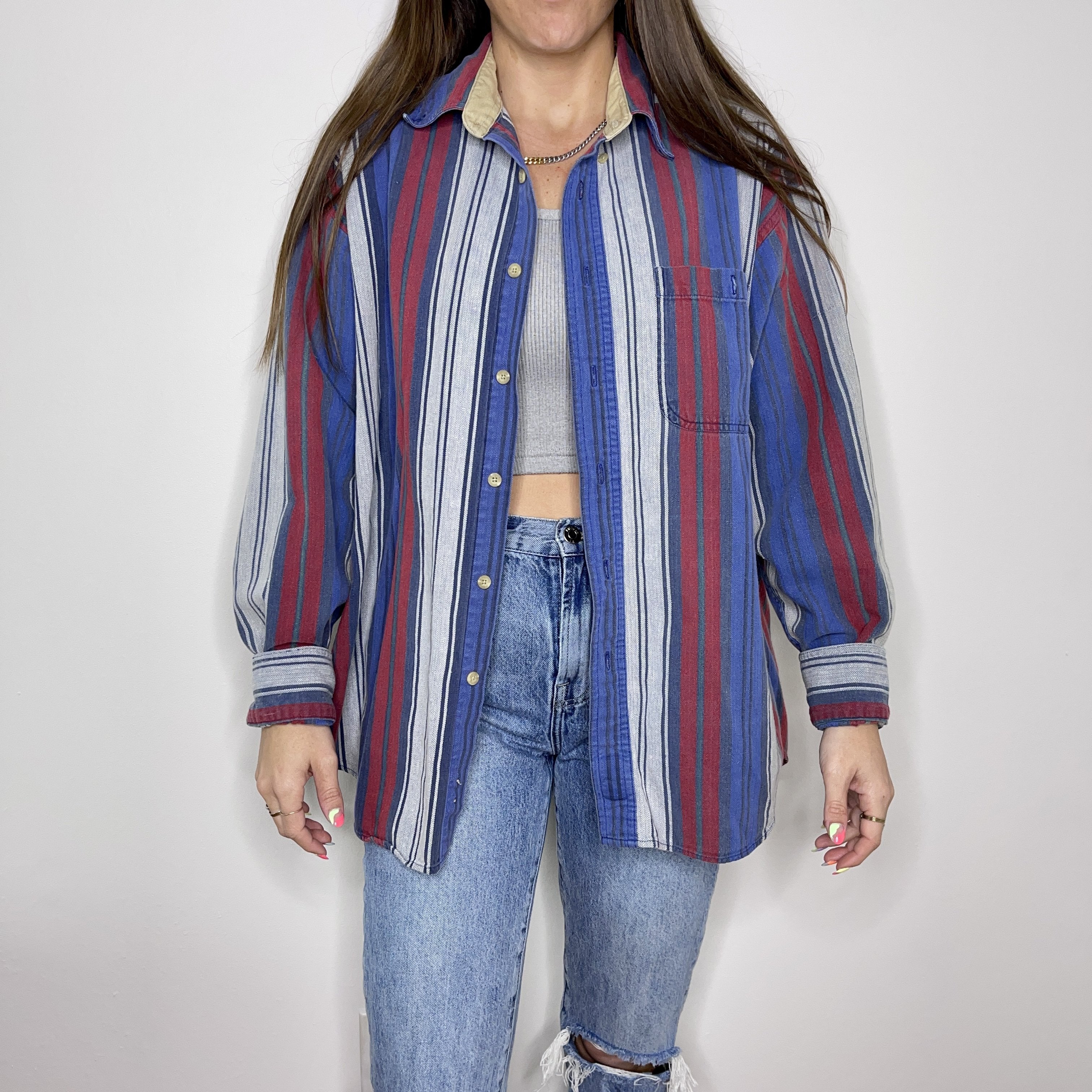 Flannel - L - Red/White/Blue Striped Button Up - 4 DOTS