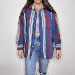 Flannel - L - Red/White/Blue Striped Button Up - 4 DOTS