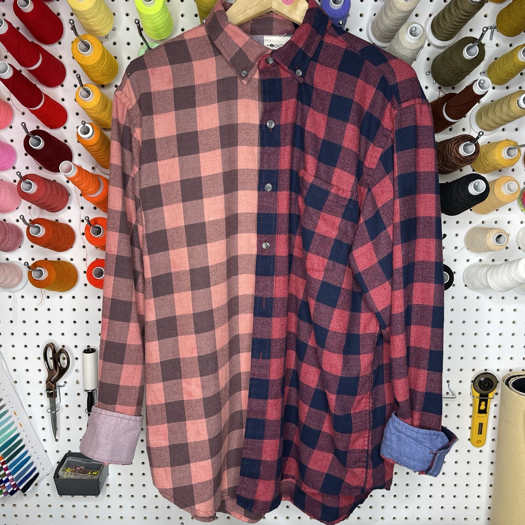 Denim Jacket - Large - Pink/Red/Navy Two-Toned Flannel - 4 DOTS