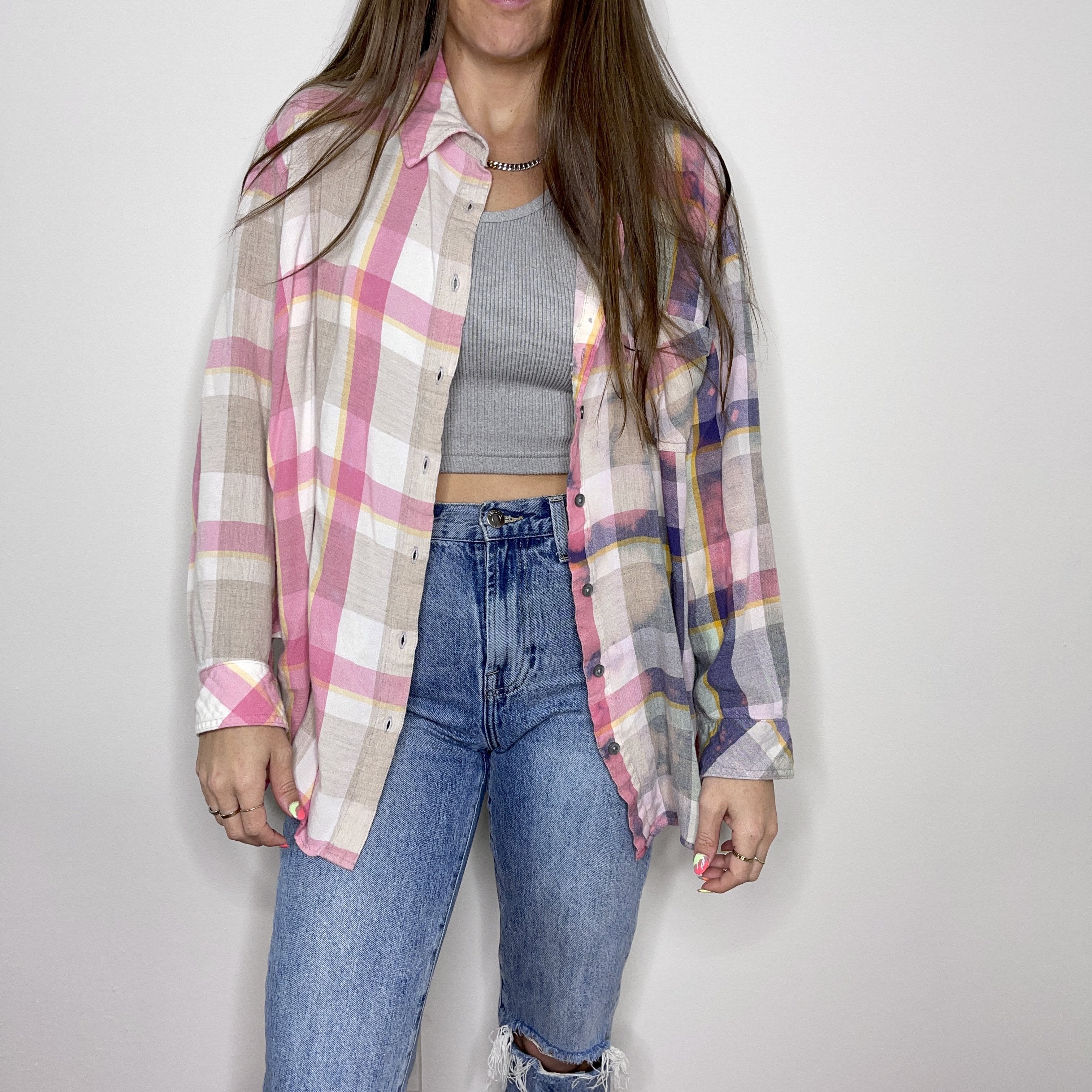 Denim Jacket - XXL - Pink/Purple/Tan Two-Toned Flannel - 4 DOTS
