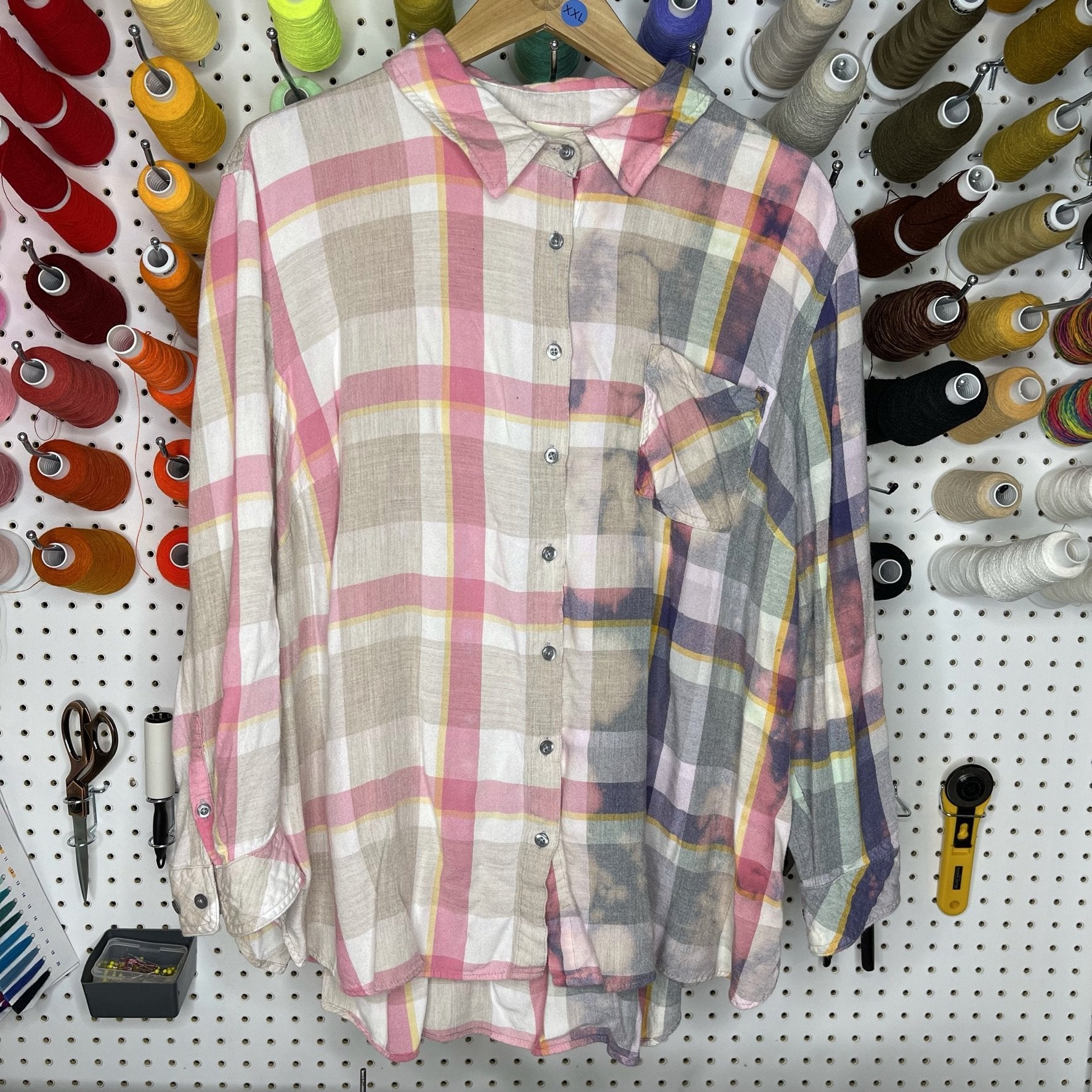 Denim Jacket - XXL - Pink/Purple/Tan Two-Toned Flannel - 4 DOTS