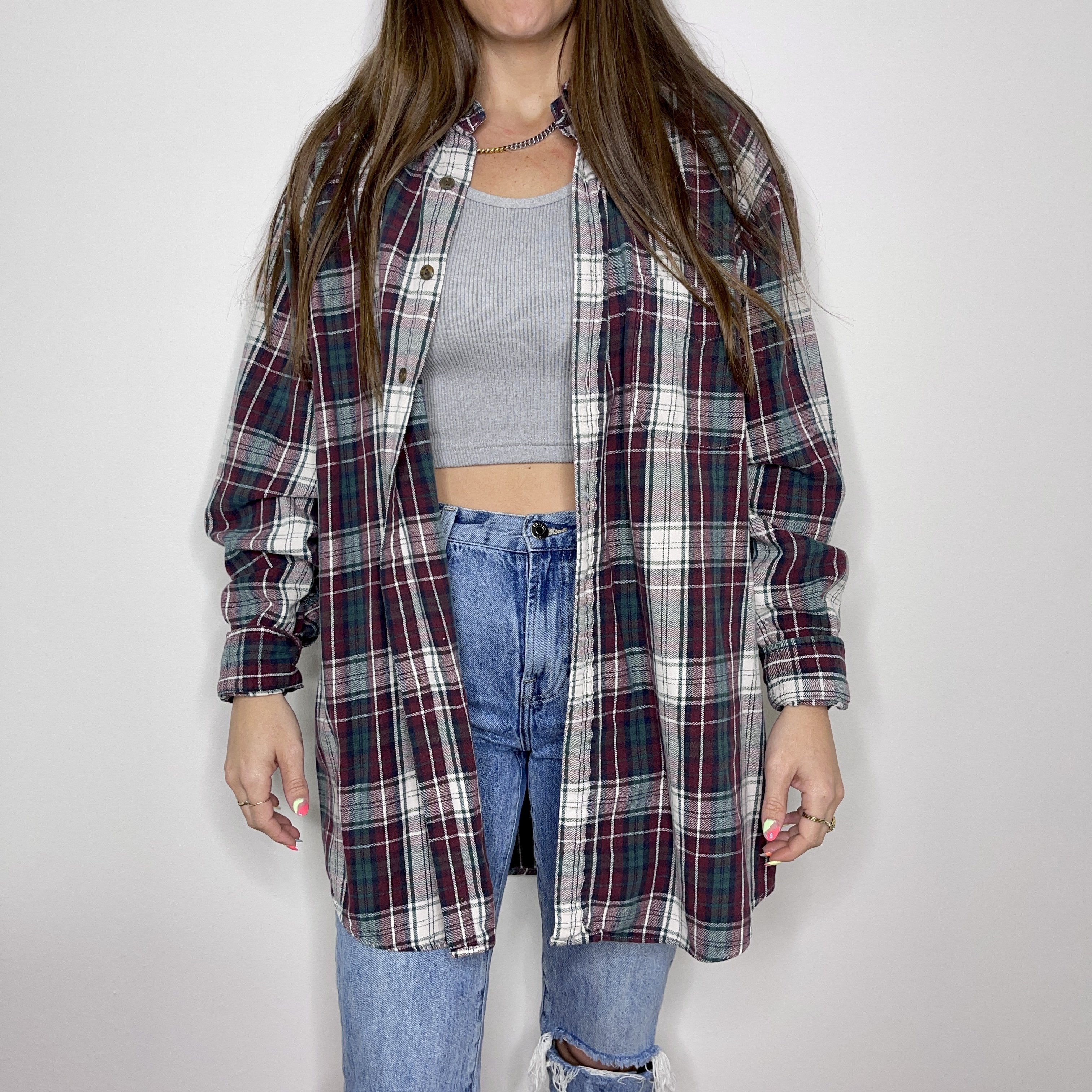 Flannel - XXL - Red/Green/White Button Up - 4 DOTS
