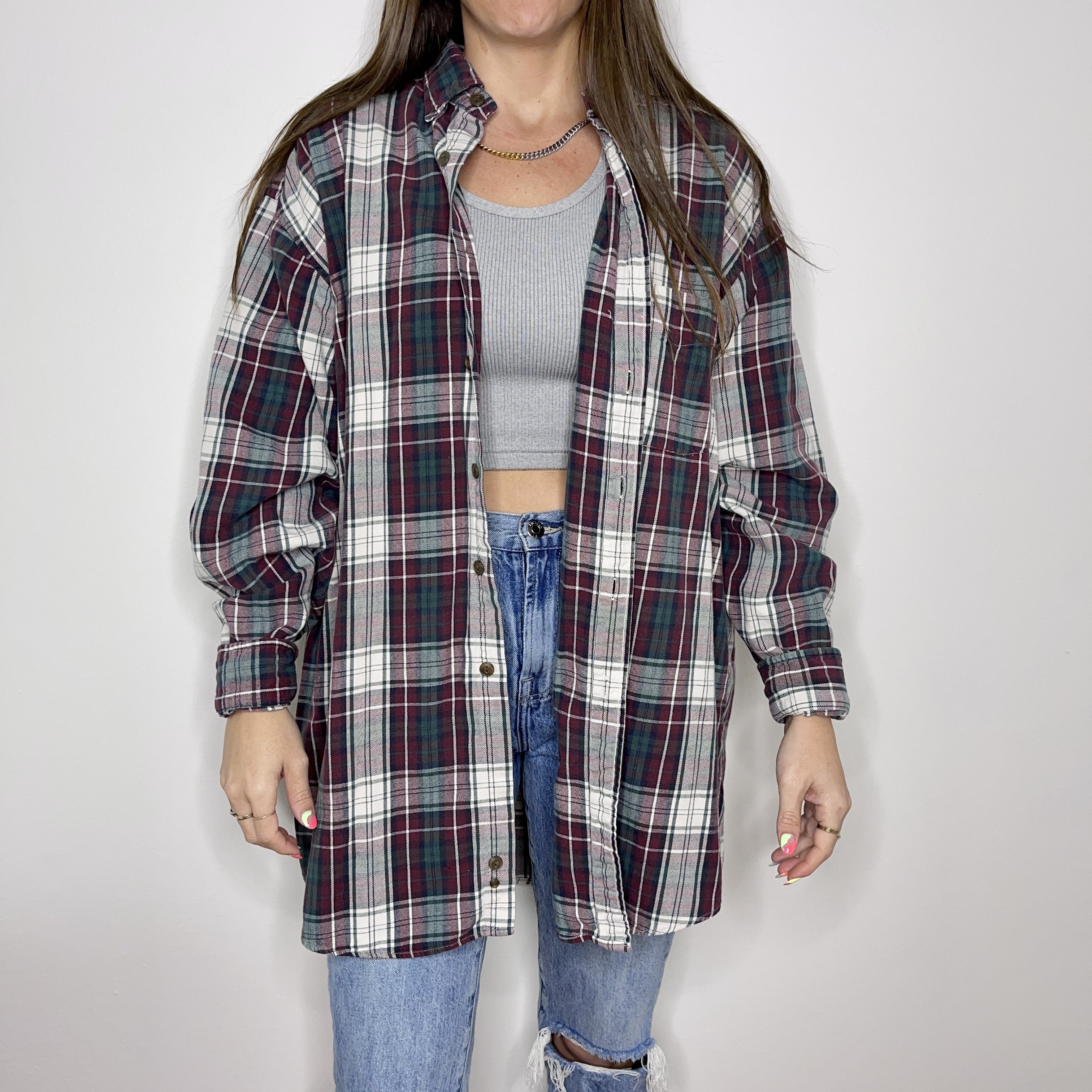Flannel - XXL - Red/Green/White Button Up - 4 DOTS